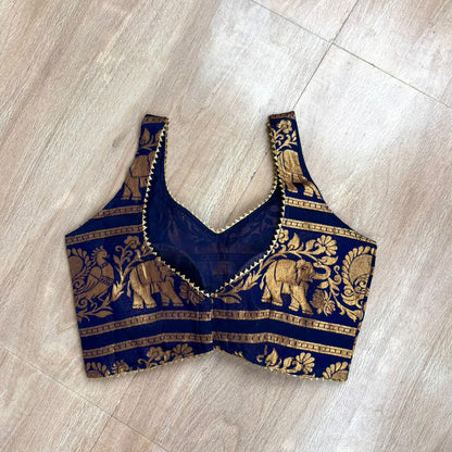 Navy Blue Brocade Elephant Blouse - 1000 - FAL10484