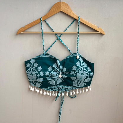 Navratri Teal Green Floral Butta With Shell Padded top - KJ10488
