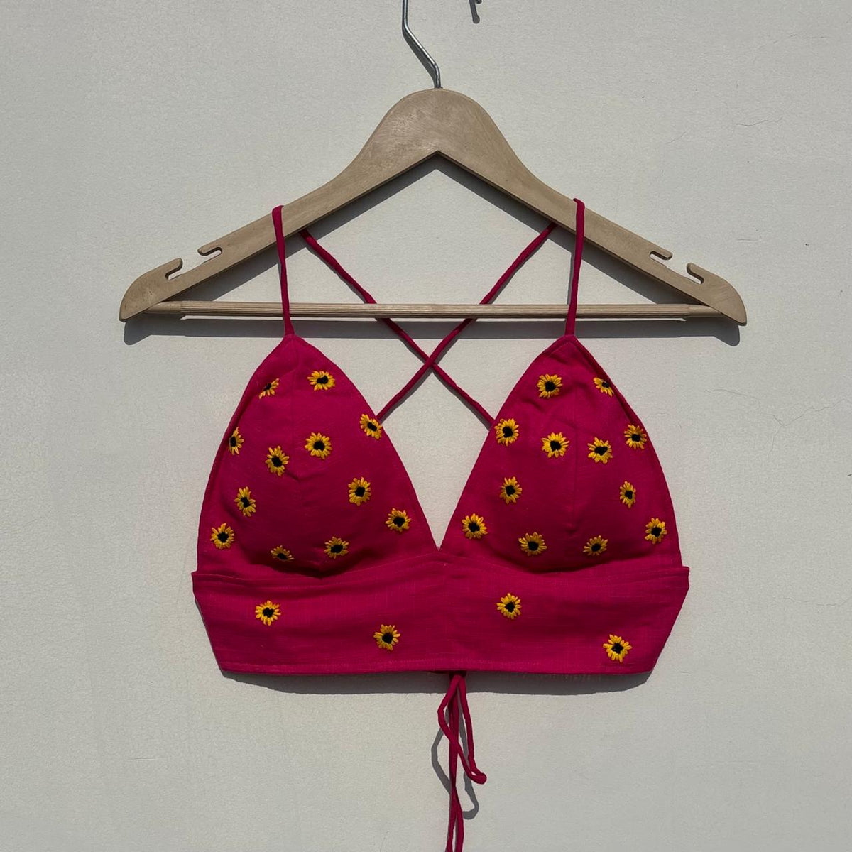 Pink Sunflower Hand Embroidery Removable Padded Bra - KJ10519