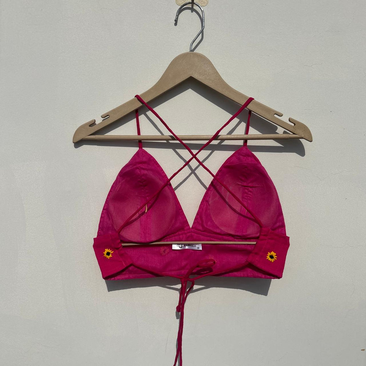 Pink Sunflower Hand Embroidery Removable Padded Bra - KJ10519