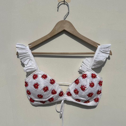 White Navratri Hand Embroidery Removable Padded Bra - KJ10518