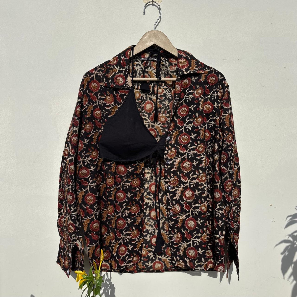 Black Kalamkari Handblock Mul Shirt and Bra Combo - KJ10496