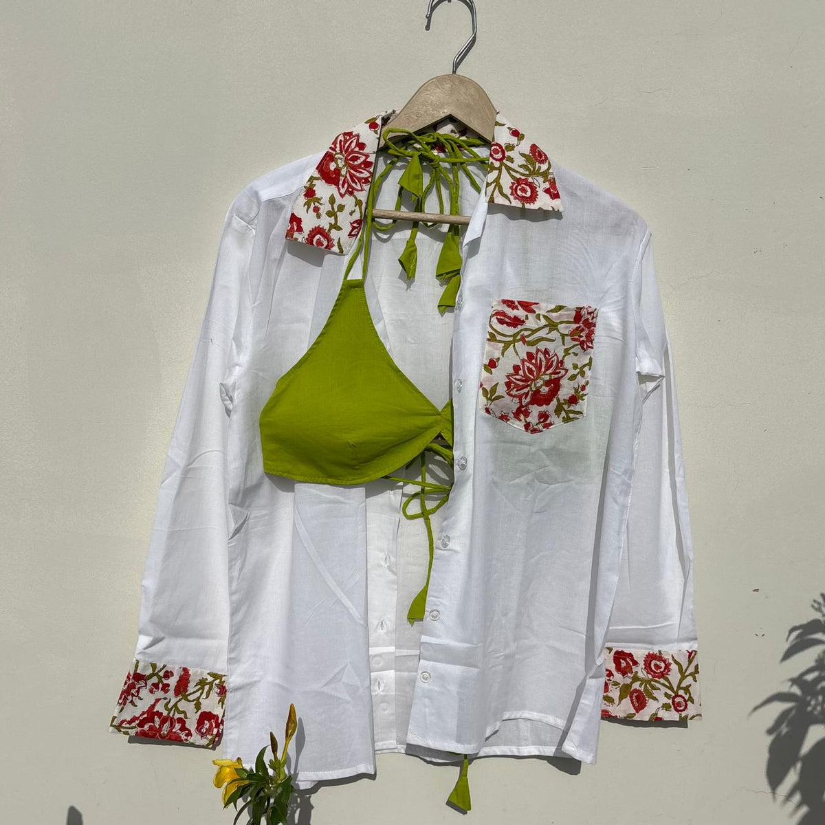 Red Floral Patch Shirt and Neon Green Snail Bra Combo - KJ10504