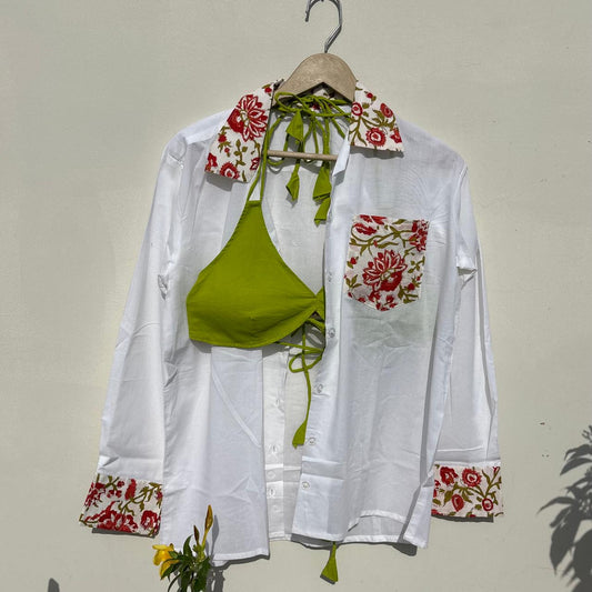 Red Floral Patch Shirt and Neon Green Snail Bra Combo - KJ10504