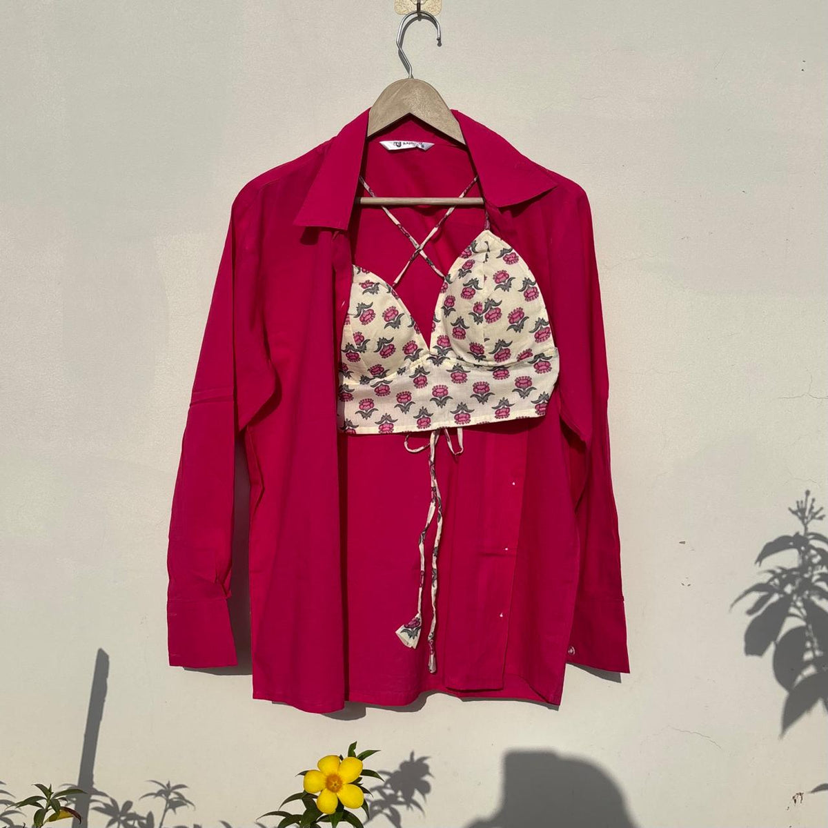 Pink Shirt and White Buti Bra Combo - KJ10499