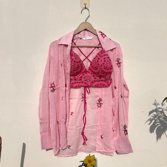 Pink Thread Embroidery Shirt and Polka Floral Bra Combo - KJ10500