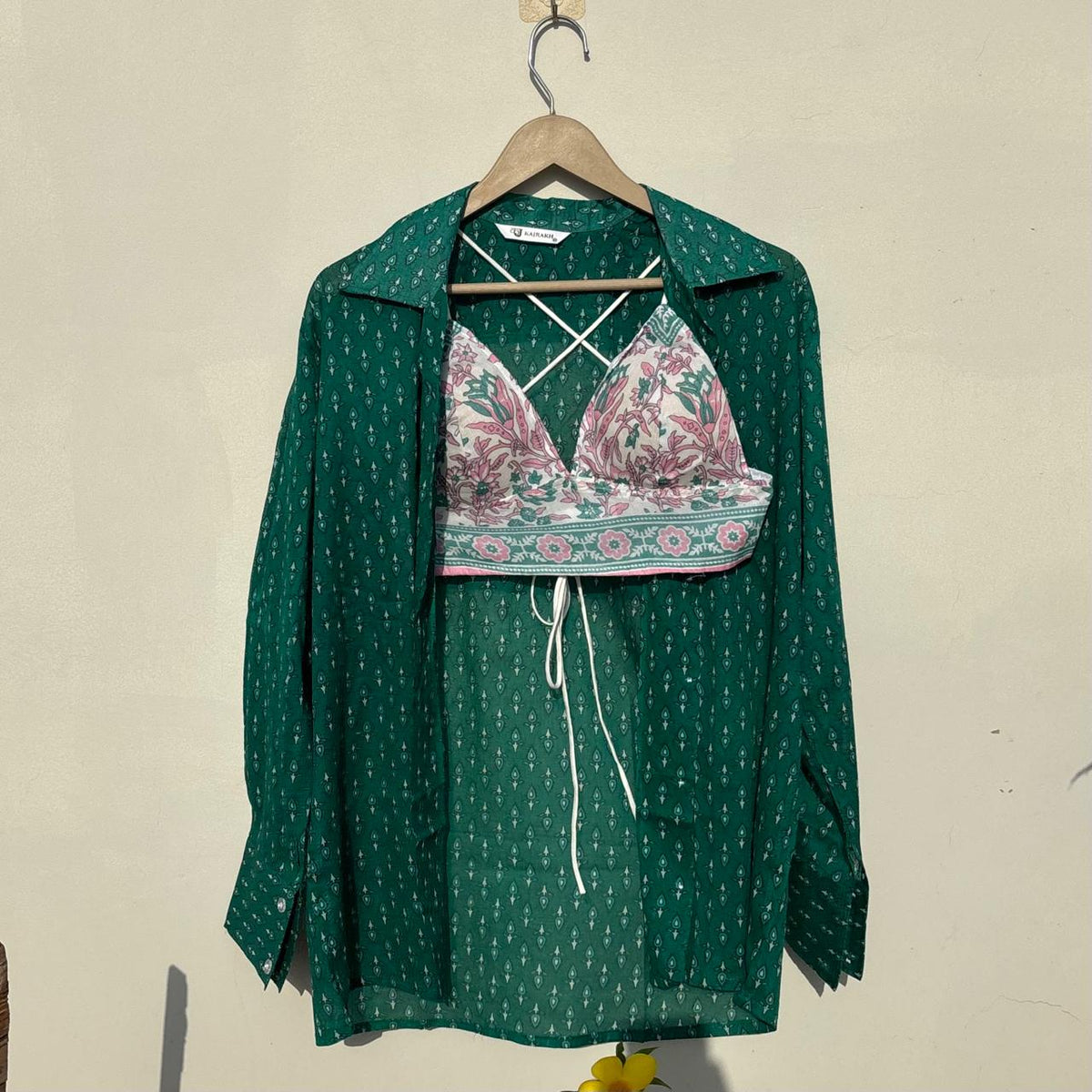 Rama Green Small Butti Mul Shirt and White Floral Bra Combo - KJ10498