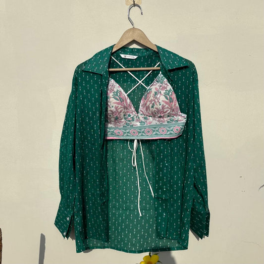 Rama Green Small Butti Mul Shirt and White Floral Bra Combo - KJ10498