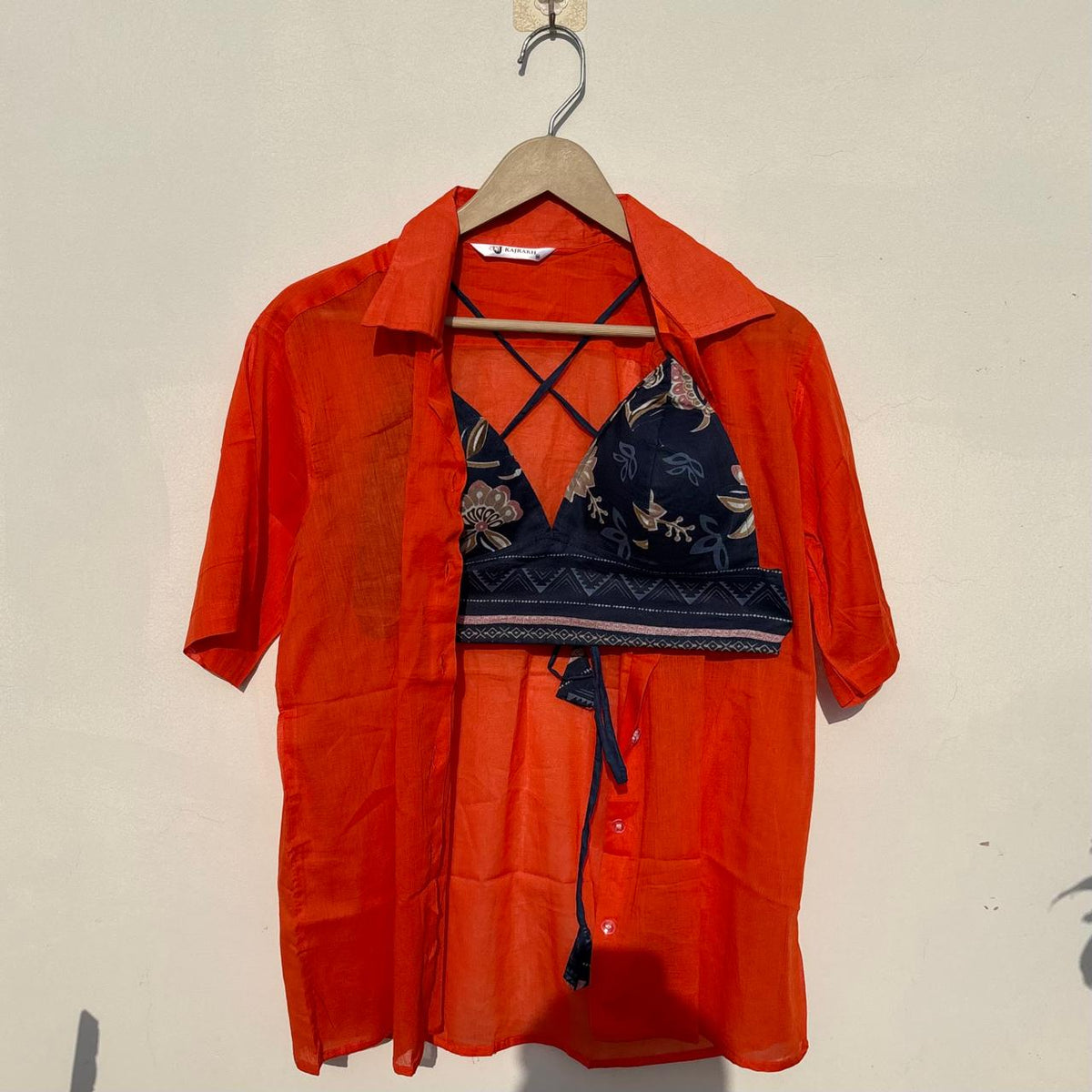 Orange Mul Shirt and Blue Floral Bra Combo - KJ10497