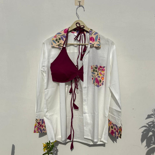 Pink Floral Patch Shirt and Wine Snail Bra Combo - KJ10505