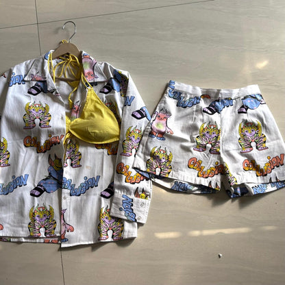 Co-ord Set Wildtoon Denim Shirt and Yellow Bra and Shorts - KJ10508