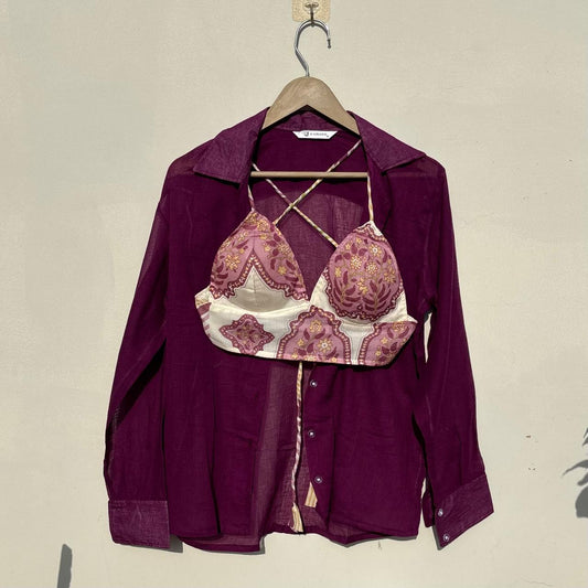 Wine Mul Shirt and White Floral Bra Combo - KJ10502