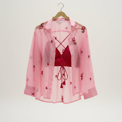 Pink Floral Thread Embroidery Shirt and Lehariya Kota Doria Bra Combo - KJ10357