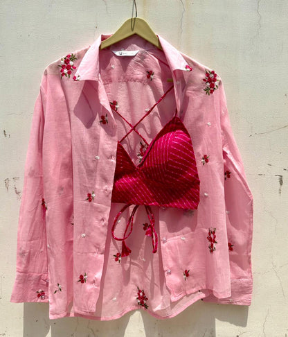 Pink Floral Thread Embroidery Shirt and Lehariya Kota Doria Bra Combo - KJ10357