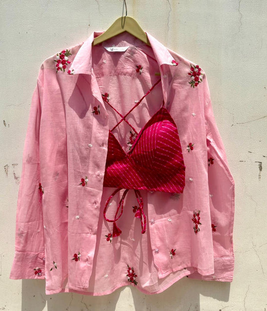 Pink Floral Thread Embroidery Shirt and Lehariya Kota Doria Bra Combo - KJ10357