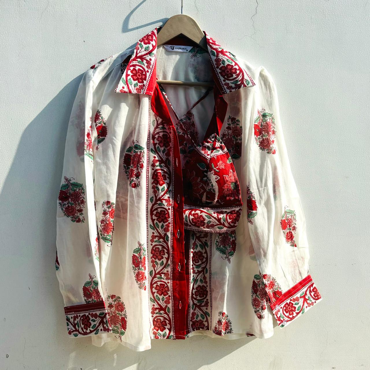 Red Big Floral Shirt and Bra Mul Combo - KJ0824