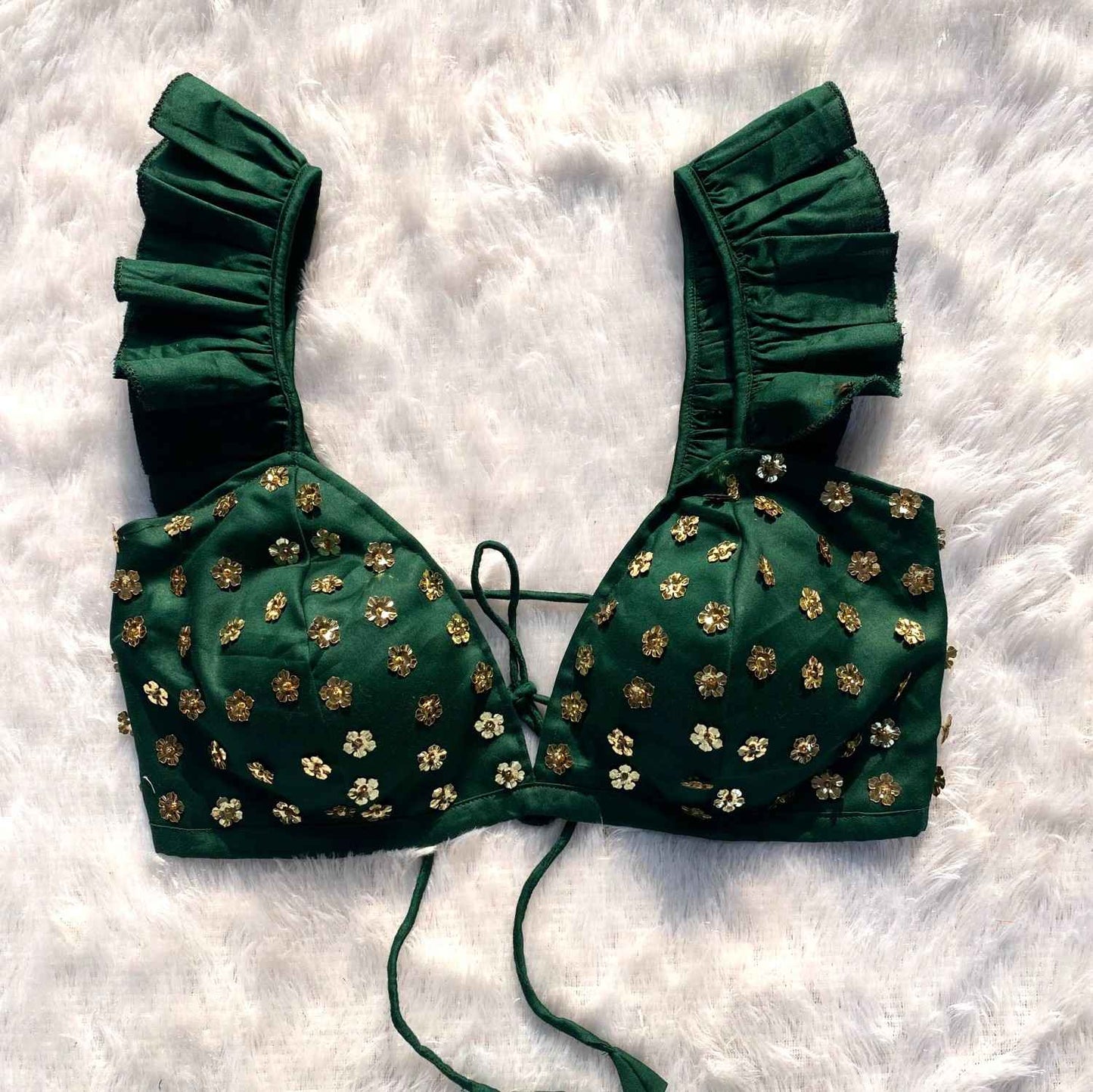 Bottle Green Floral Sequin HandWork Bra - KJ0205