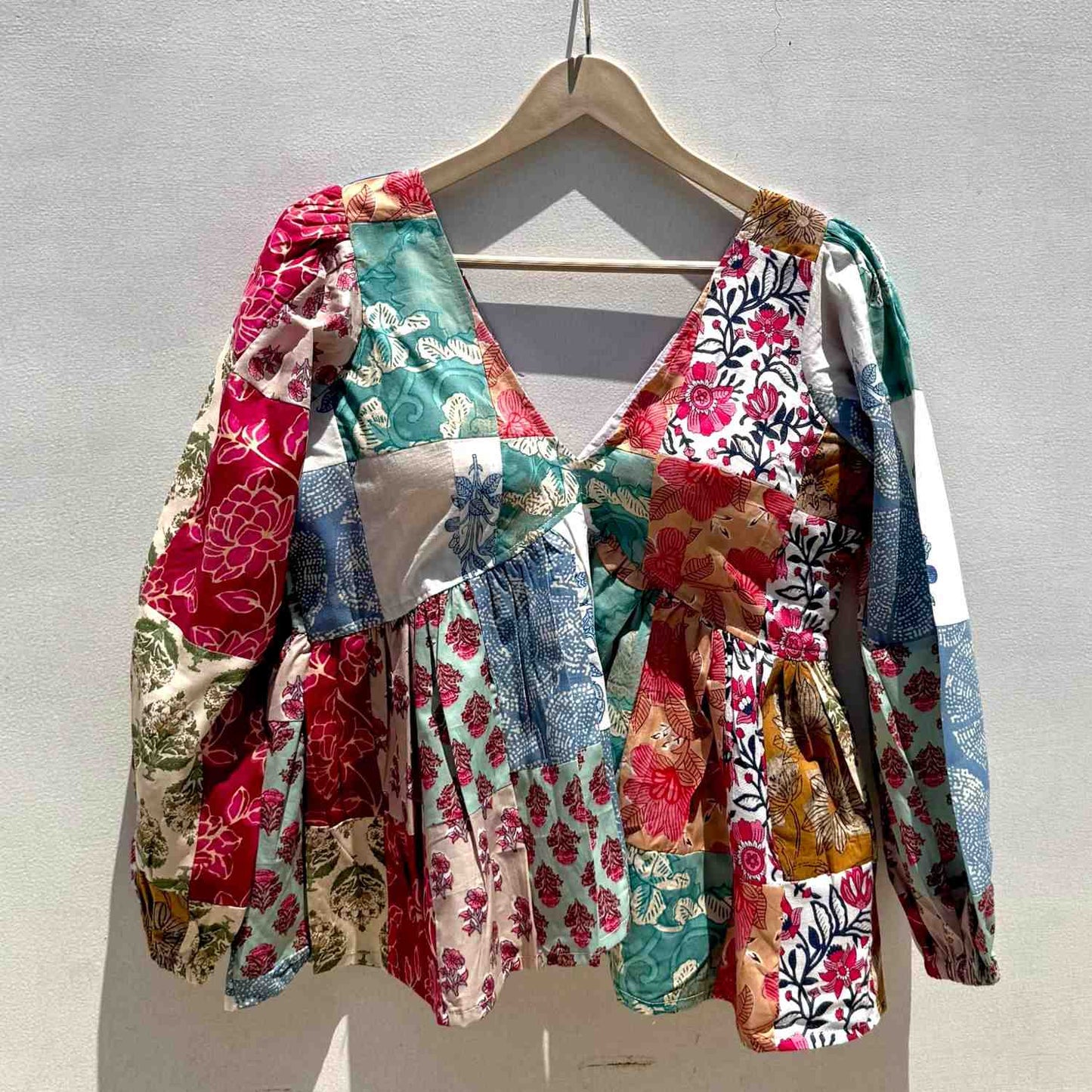 White and Multicolor Handblock Patch Deep Neck Full Puff Sleeves Cotton Top