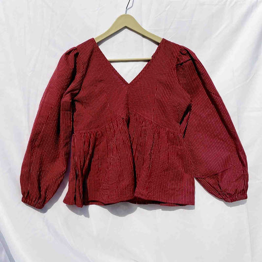 Maroon Katha Deep Neck Full Puff Sleeves Cotton Top - KJ0106