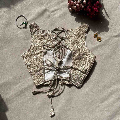 Cream Brown Jaal Deep V Neck Cotton Blouse - 700 - FAL10190