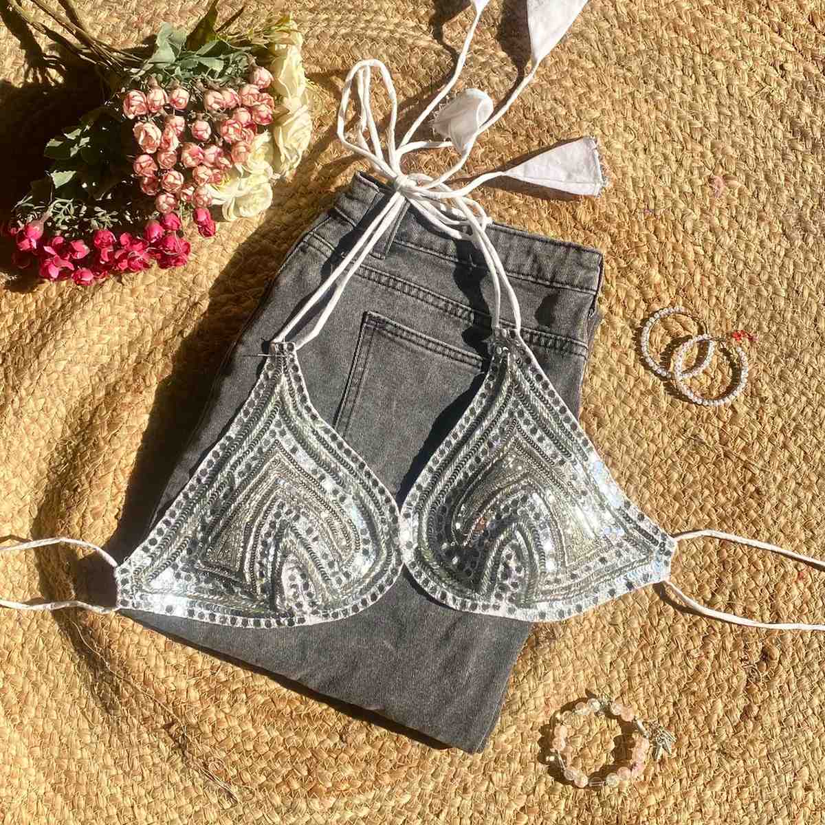 Silver Sequin Hand Embroidery Bralette  - KJ10290