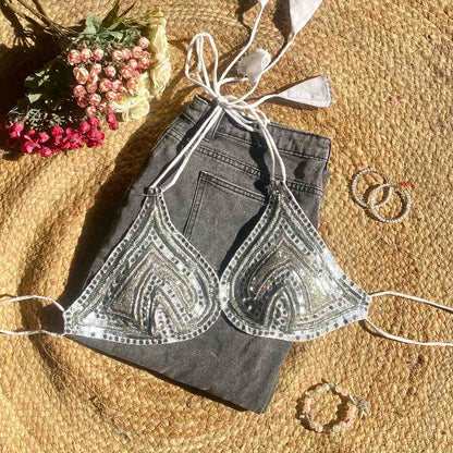 Silver Sequin Hand Embroidery Bralette  - KJ10290