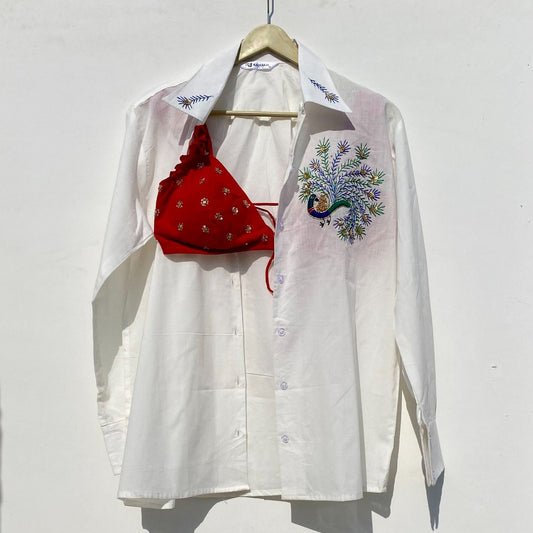 White Peacock Embroidery Shirt and Bra Combo - KJ0909