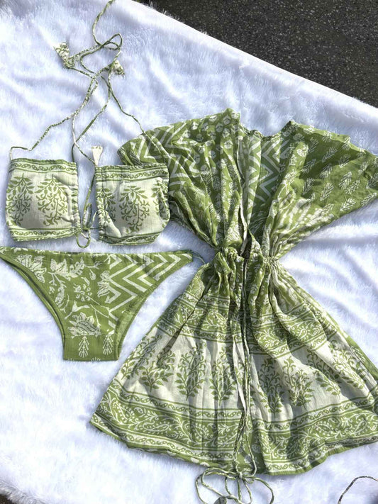 Pista Green 3 Piece beach wear set - KJ10414