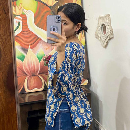 Blue Handblock Back Criss Cross Kurti Top - KJ10146