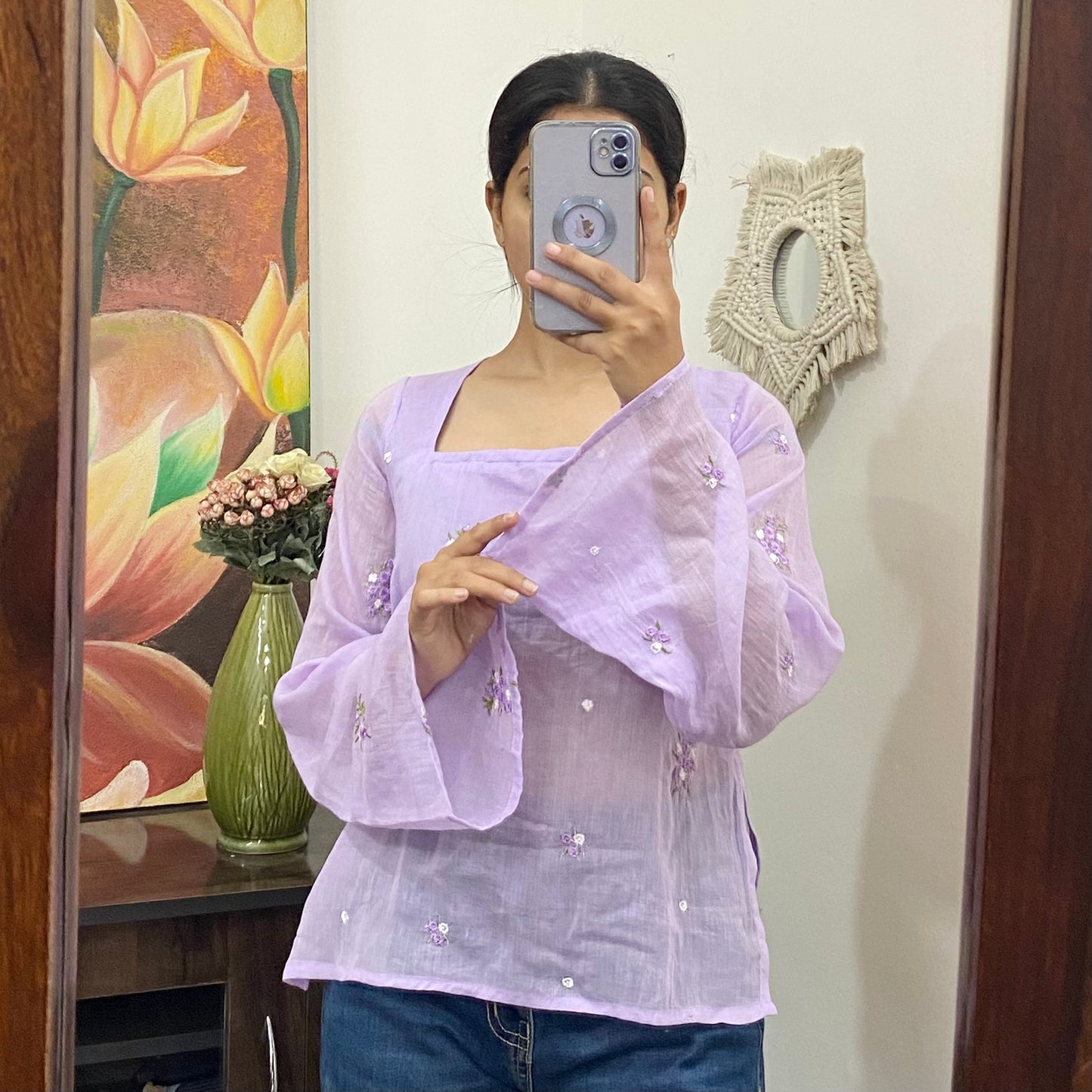 Lavender Plum Sleeves Hand Embroidery Mulmul With Lining  Kurti Top - KJ10157