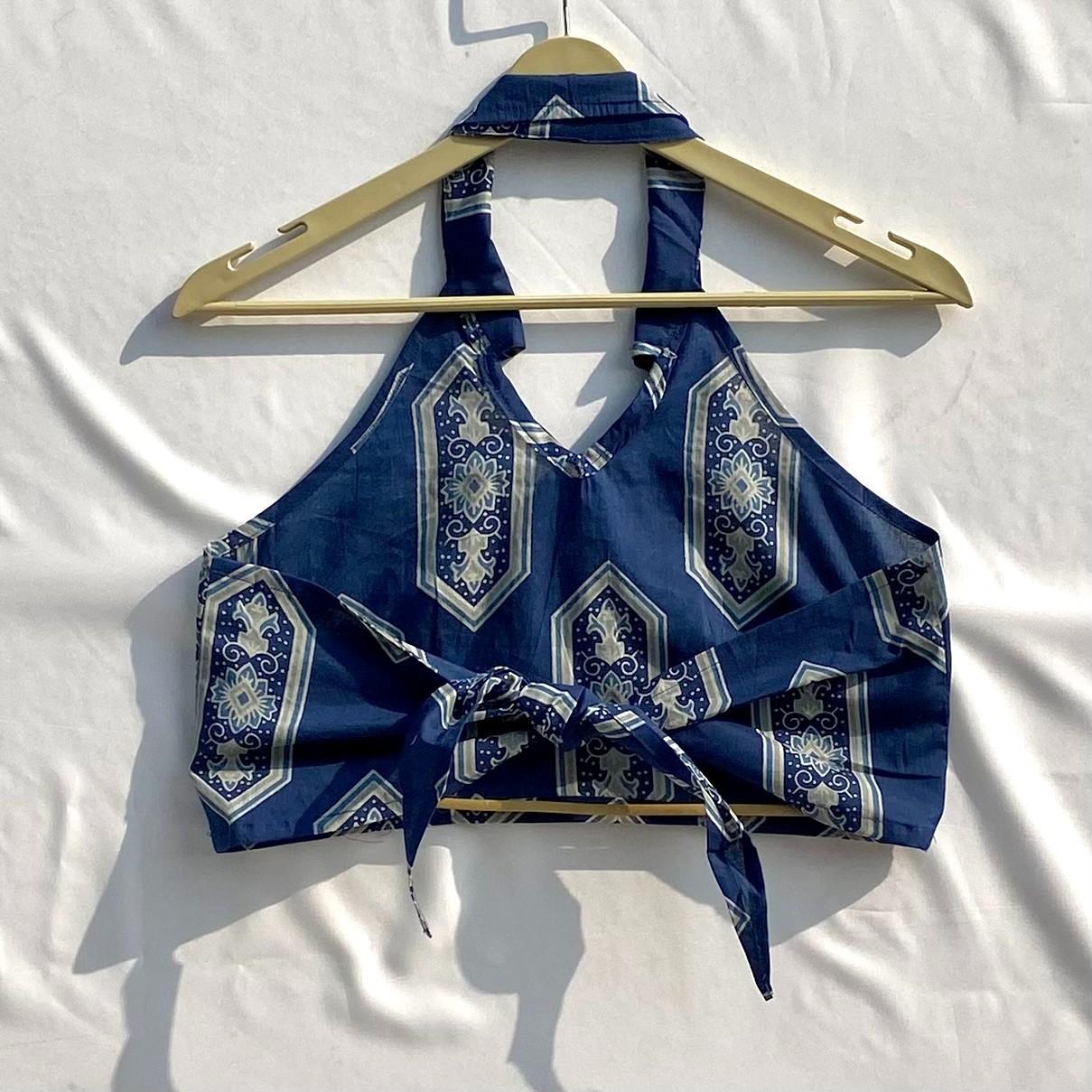 Blue Indigo Geometry Back Knot Top - KJ10319