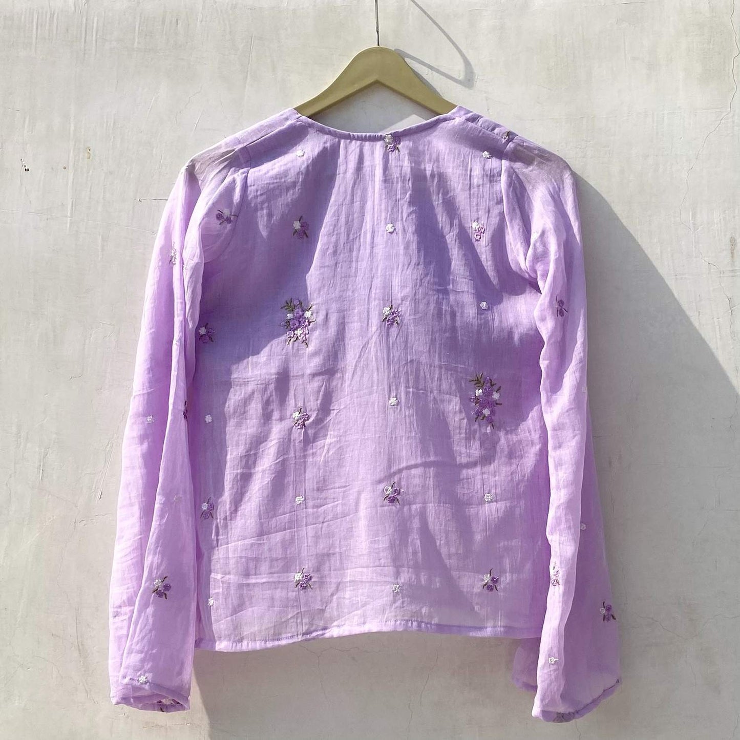 Lavender Plum Sleeves Hand Embroidery Mulmul With Lining  Kurti Top - KJ10157
