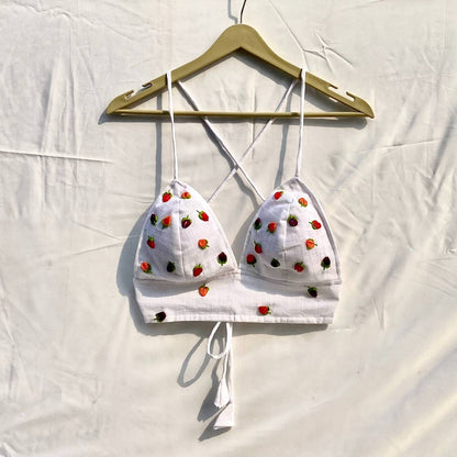 Valentine's Day Collection White Multicolor Leaf Embroidery Removable Pads Bra - KJ10300