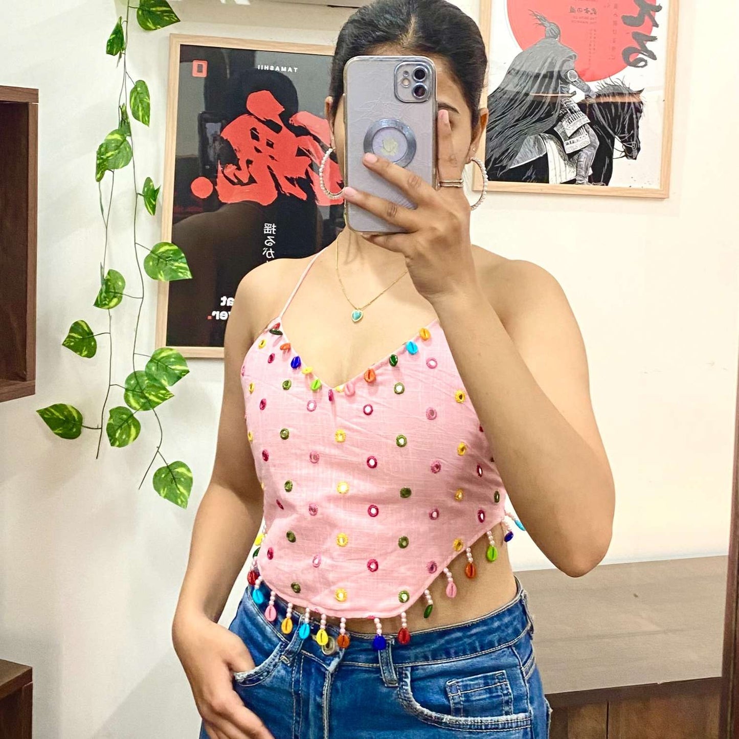 Pink Slub Mirror Shell Criss Cross Top - KJ10351