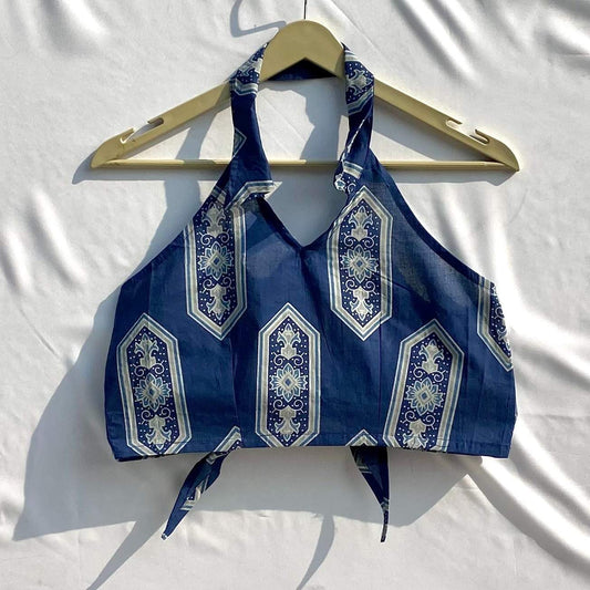 Blue Indigo Geometry Back Knot Top - KJ10319