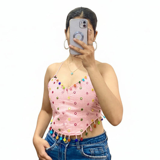 Pink Slub Mirror Shell Criss Cross Top - KJ10351