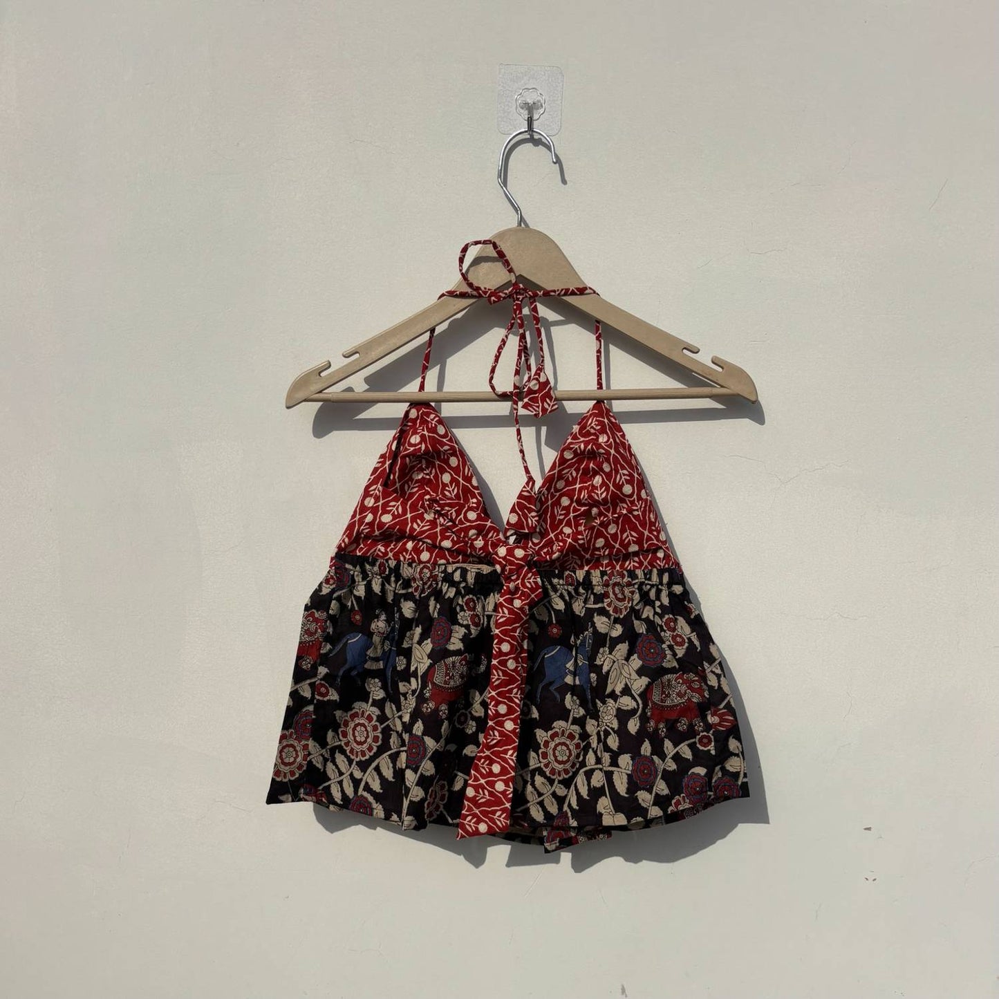 Red With Black Kalamkari Halter Neck Back Knot Tree Top - KJ10392