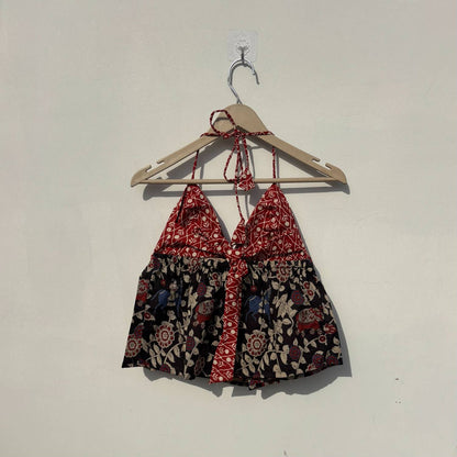 Red With Black Kalamkari Halter Neck Back Knot Tree Top - KJ10392