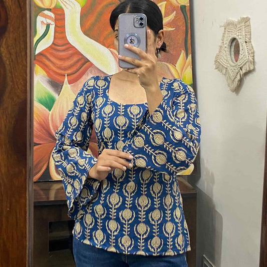 Blue Handblock Back Criss Cross Kurti Top - KJ10146