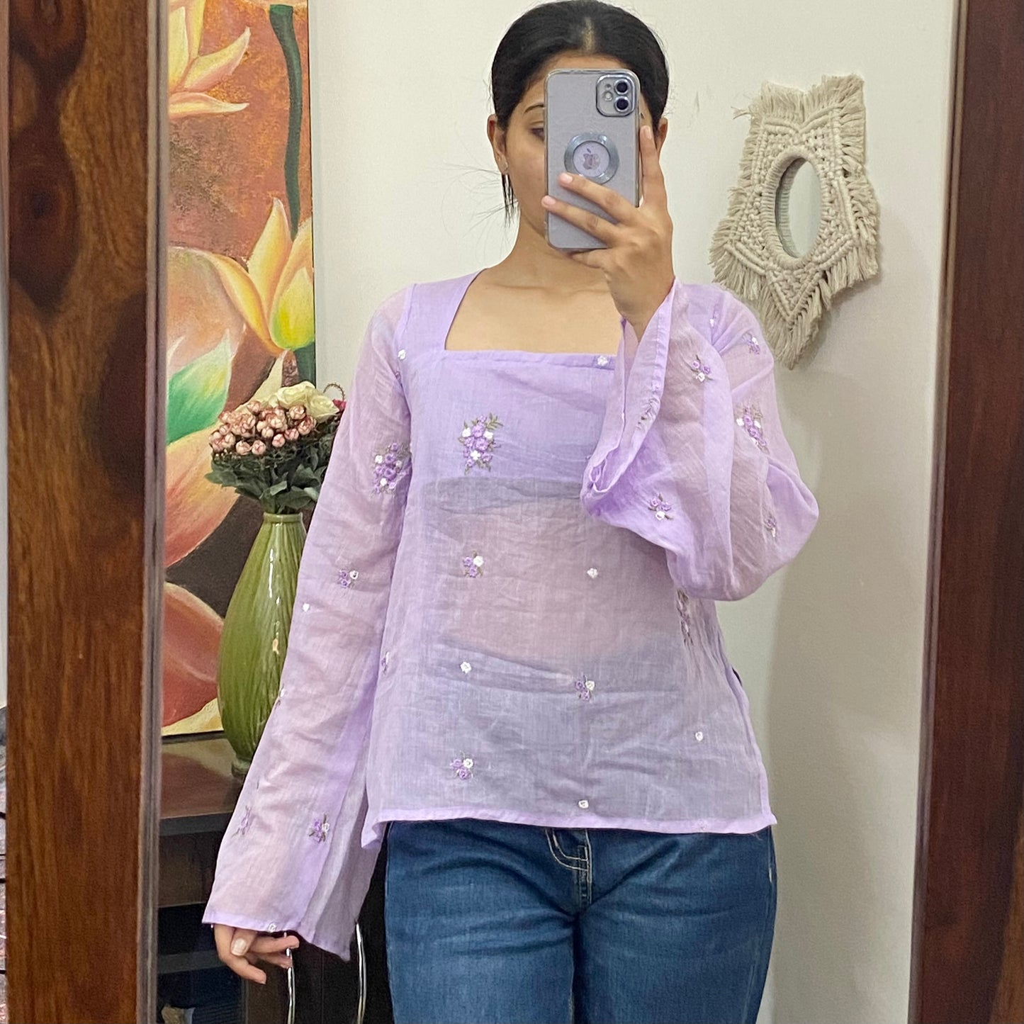 Lavender Plum Sleeves Hand Embroidery Mulmul With Lining  Kurti Top - KJ10157