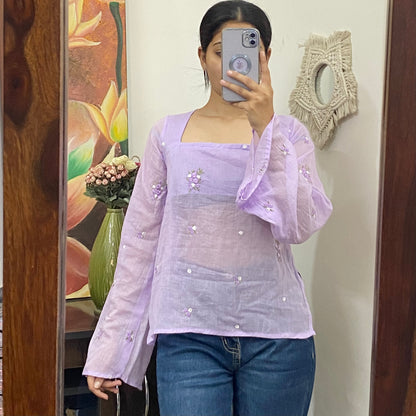 Lavender Plum Sleeves Hand Embroidery Mulmul With Lining  Kurti Top - KJ10157