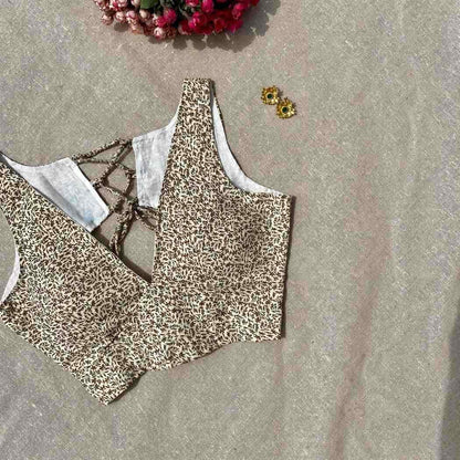 Cream Brown Jaal Deep V Neck Cotton Blouse - 700 - FAL10190