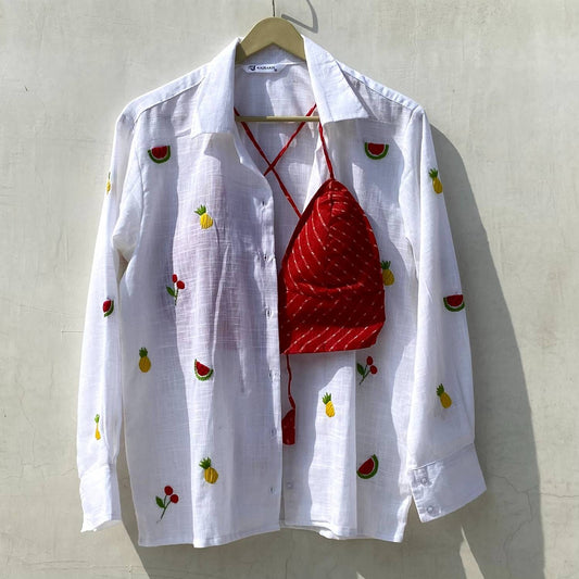 White Slub Fruit Hand Embroidery Shirt and Bra Combo - KJ10113