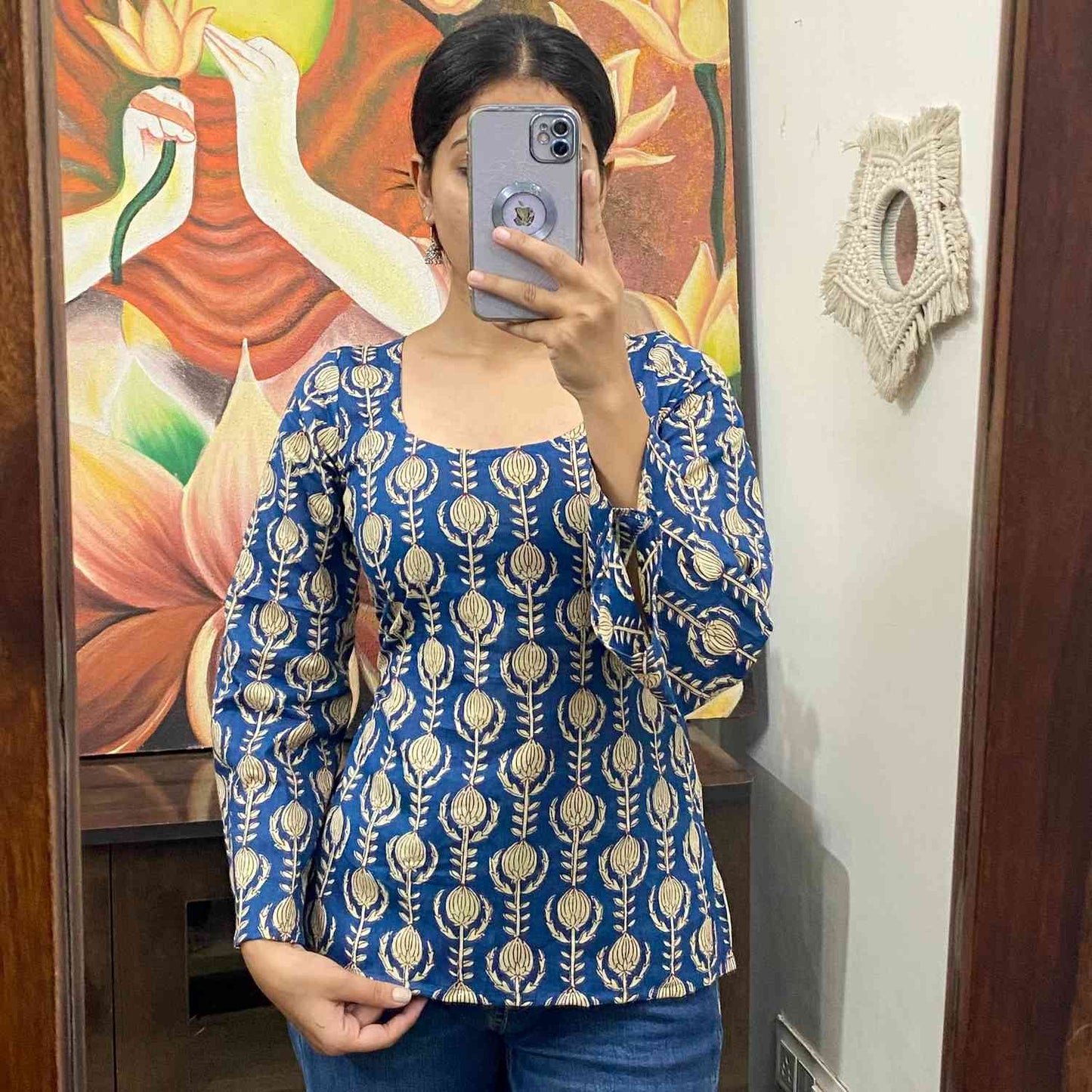 Blue Handblock Back Criss Cross Kurti Top - KJ10146