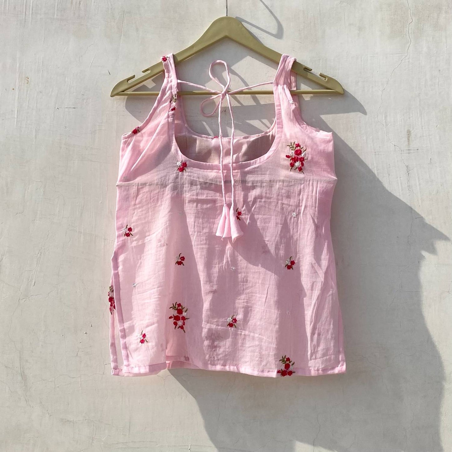 Pink Halter Neck Hand Embroidery Mulmul With Removable Pads  Kurti Top - KJ10158