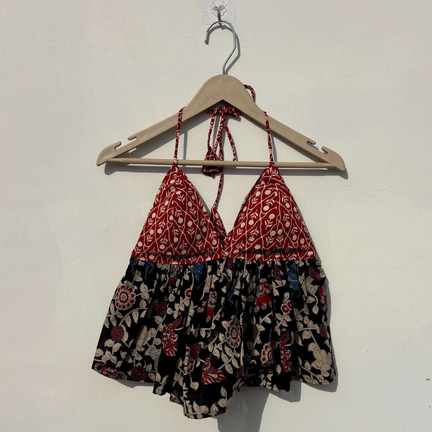 Red With Black Kalamkari Halter Neck Back Knot Tree Top - KJ10392