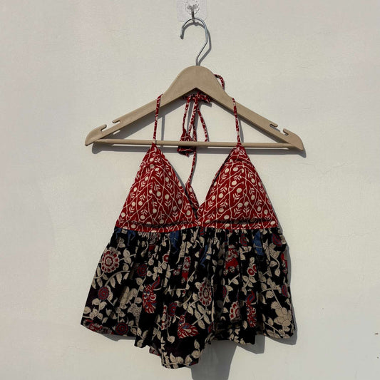 Red With Black Kalamkari Halter Neck Back Knot Tree Top - KJ10392