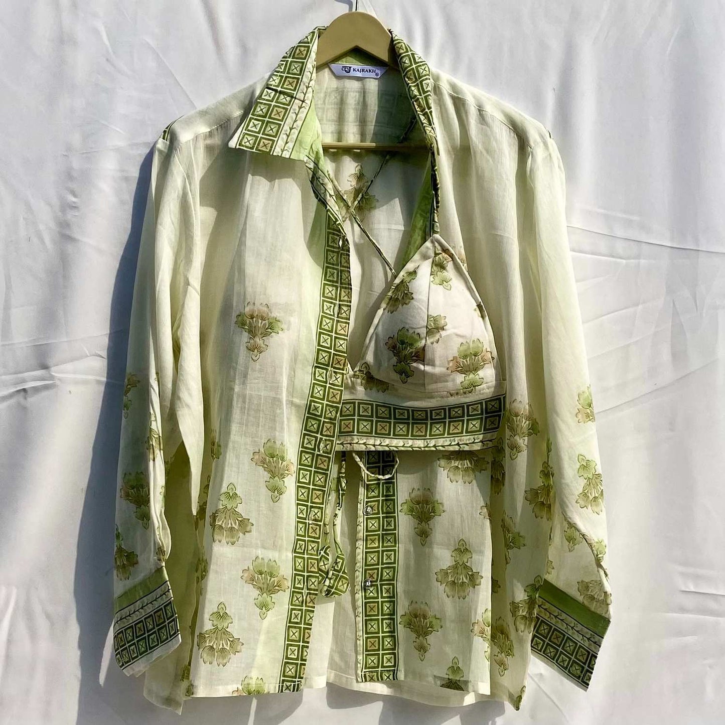 Green White Traditional Shirt and Bra Combo - KJ10273  (( Clearance Sale ))