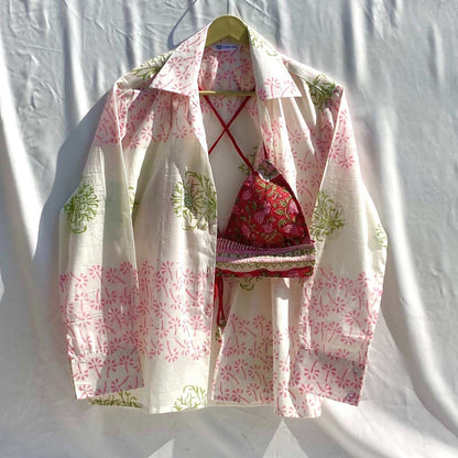 White Red Floral Jaal Pure Handblock Mulmul Shirt and Bra Combo - KJ10347