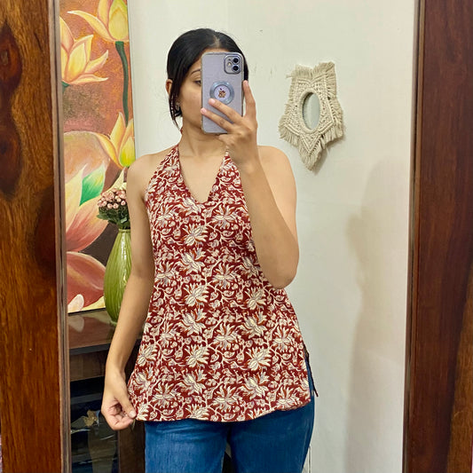 Maroon Kalamkari Halter Neck With Removable Pads Kurti Top - KJ10159